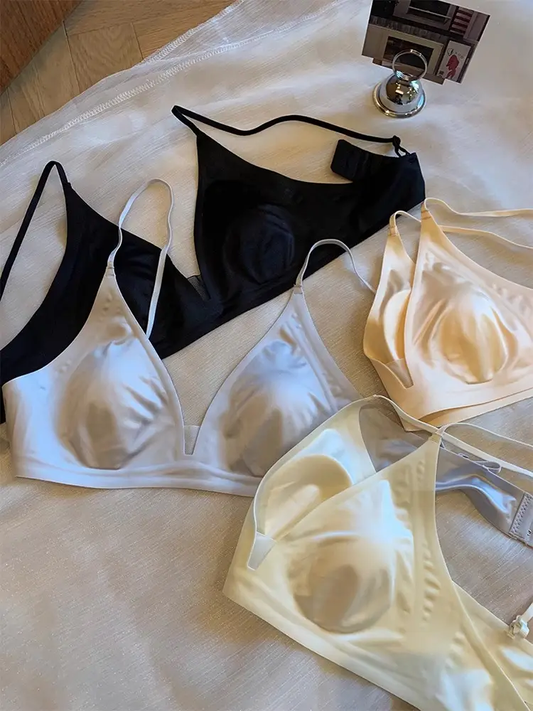 French Satin Nude Rabbit Ear Cup Bra for Women Summer Thin Breathable Big Breasts Showing Small Seamless Bra Without Rims — feature 1