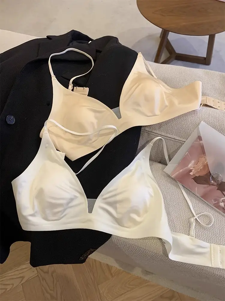 French Satin Nude Rabbit Ear Cup Bra for Women Summer Thin Breathable Big Breasts Showing Small Seamless Bra Without Rims — feature 10