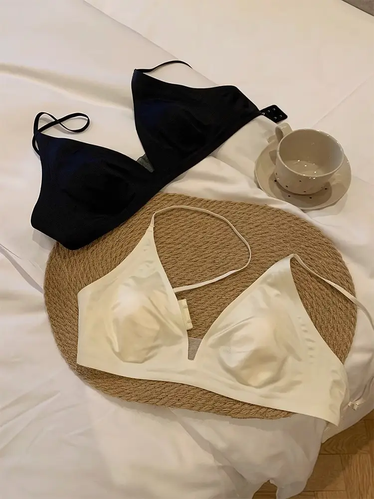 French Satin Nude Rabbit Ear Cup Bra for Women Summer Thin Breathable Big Breasts Showing Small Seamless Bra Without Rims — feature 7
