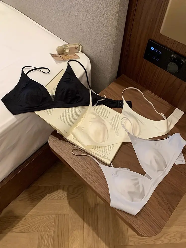 French Satin Nude Rabbit Ear Cup Bra for Women Summer Thin Breathable Big Breasts Showing Small Seamless Bra Without Rims — feature 9
