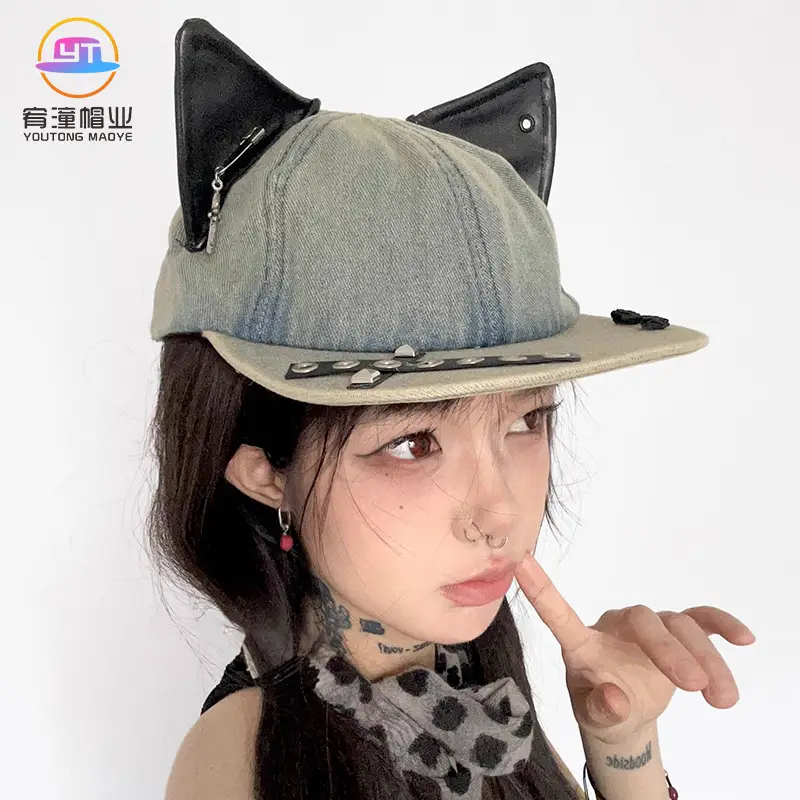 Women Cat Ear Wash Denim Baseball Cap Summer Niche - Image 4