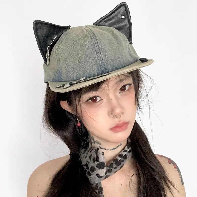 Women Cat Ear Wash Denim Baseball Cap Summer Niche - Image 5