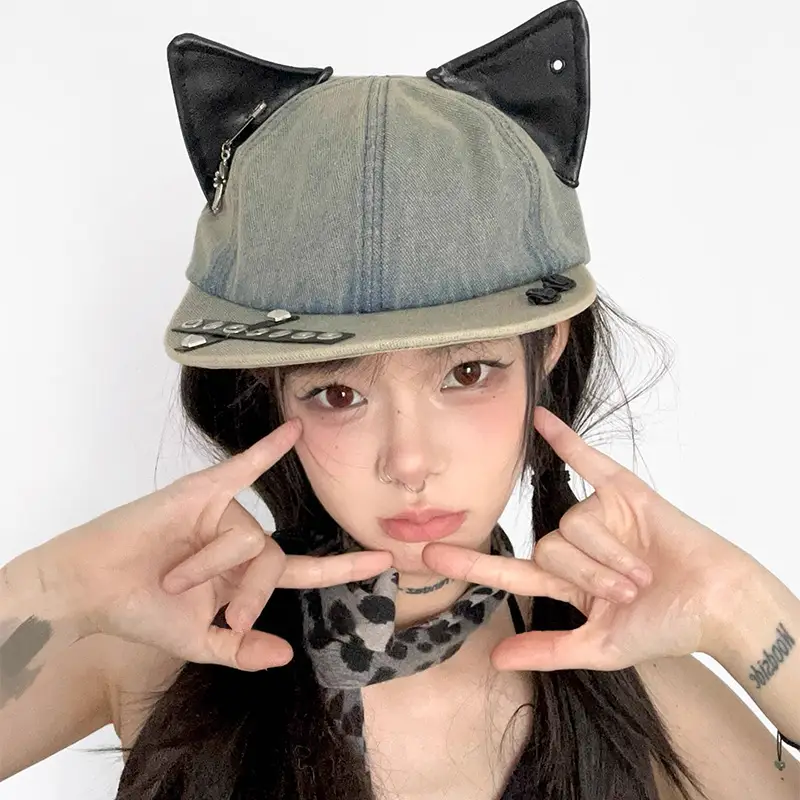 Women Cat Ear Wash Denim Baseball Cap Summer Niche - Image 6