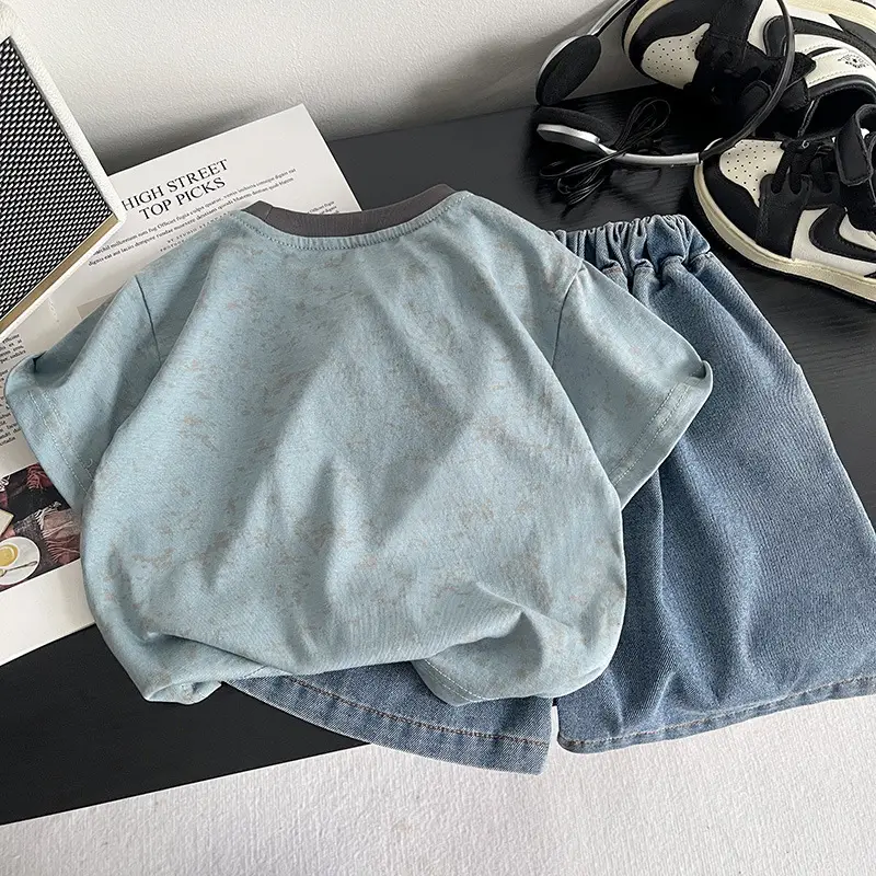 Boys Wash Ink Denim Shorts Short Sleeve Suit - Image 3