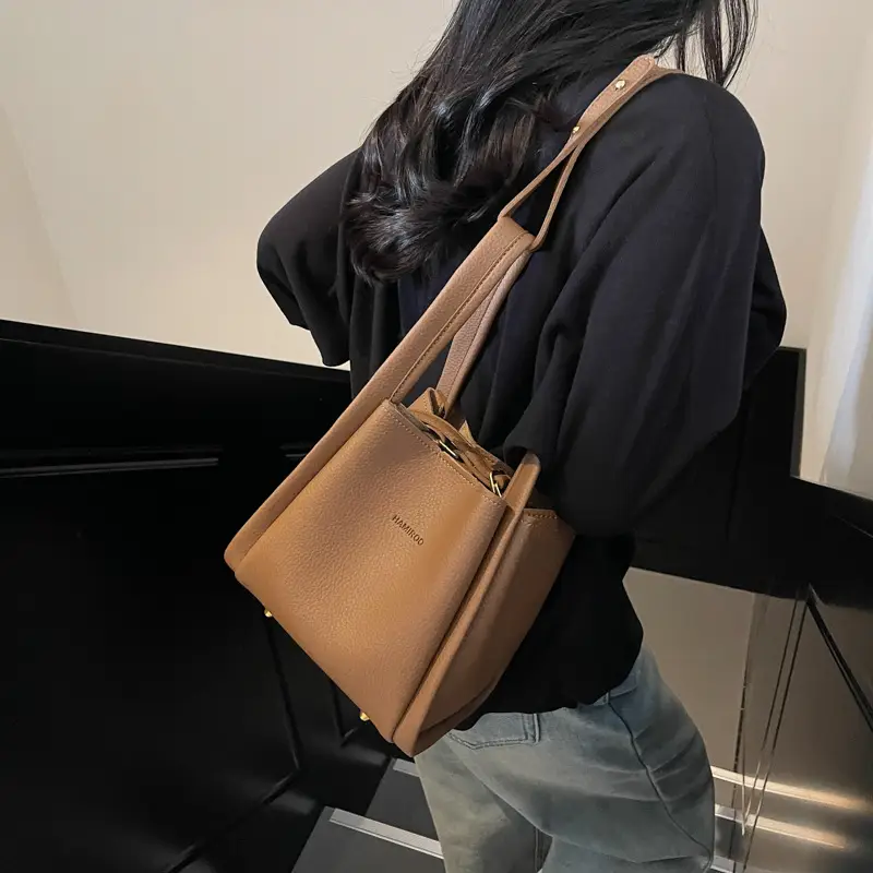 Women's Brown Leather Bucket Bag Shoulder Bag Casual Trendy - Image 8