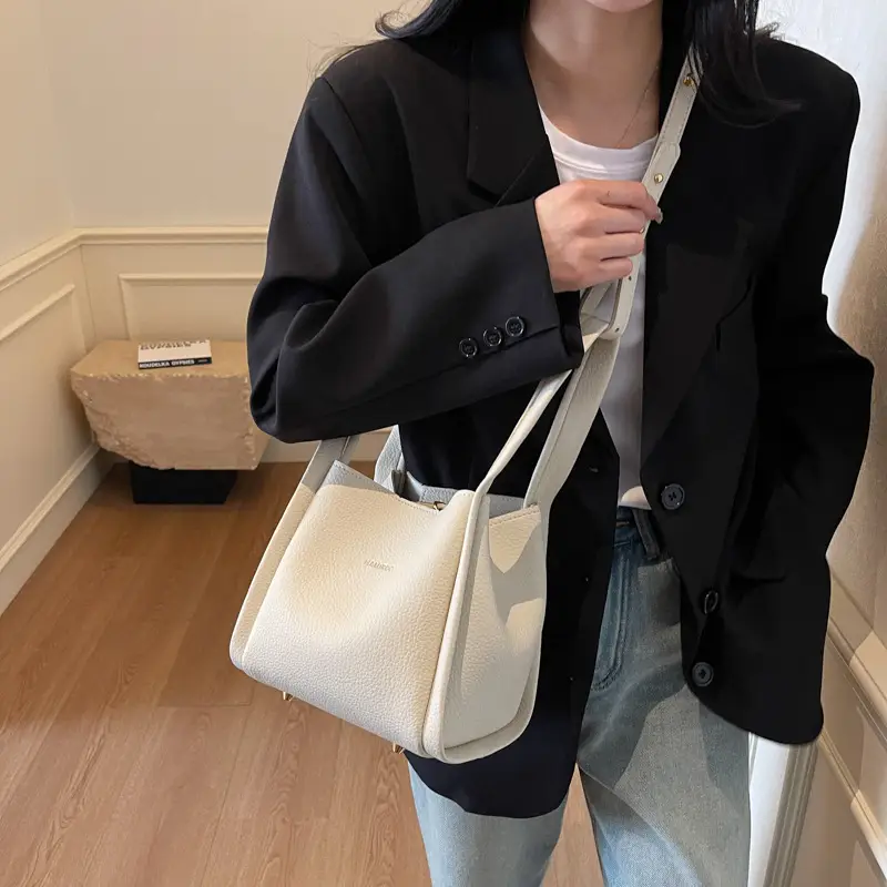 Women's Brown Leather Bucket Bag Shoulder Bag Casual Trendy - Image 10