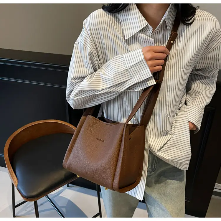 Women's Brown Leather Bucket Bag Shoulder Bag Casual Trendy — feature 11