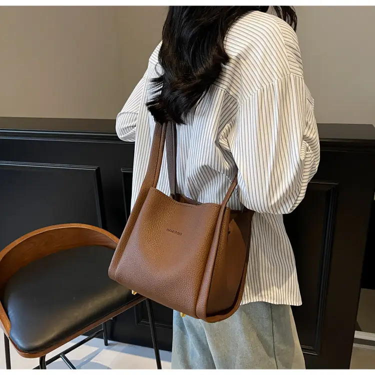 Women's Brown Leather Bucket Bag Shoulder Bag Casual Trendy — feature 13