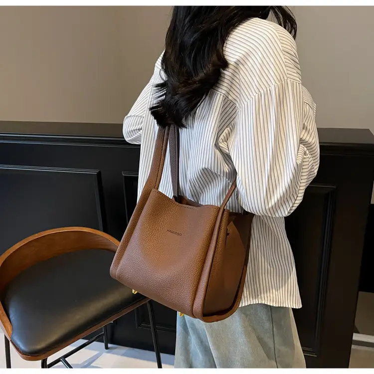 Women's Brown Leather Bucket Bag Shoulder Bag Casual Trendy — feature 14