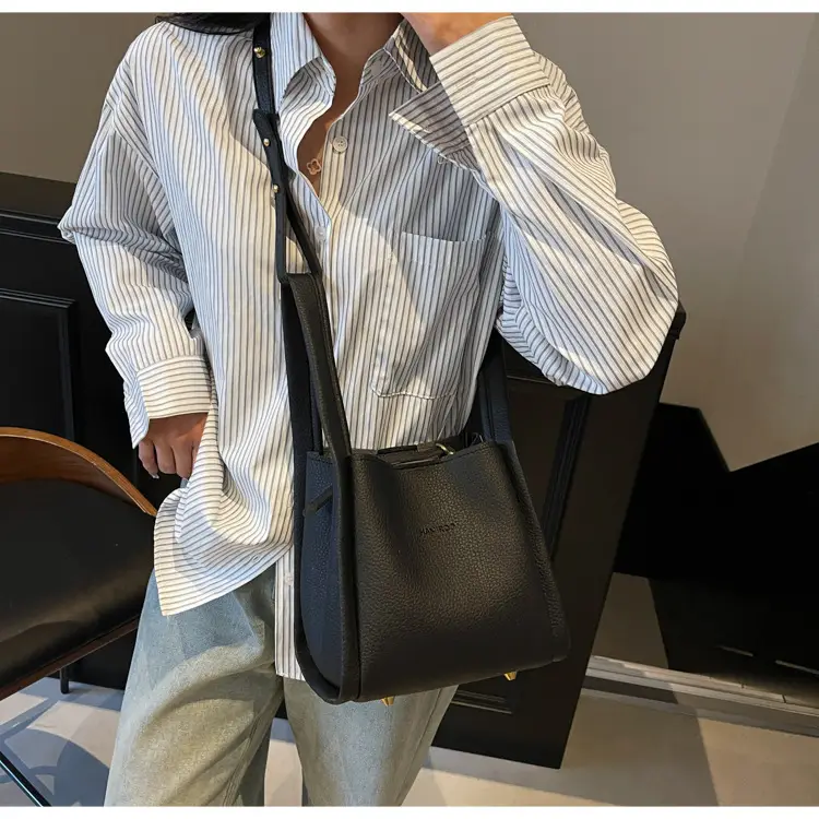 Women's Brown Leather Bucket Bag Shoulder Bag Casual Trendy — feature 15