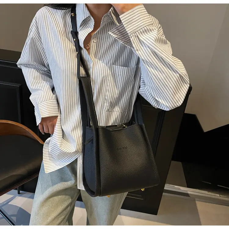Women's Brown Leather Bucket Bag Shoulder Bag Casual Trendy — feature 16