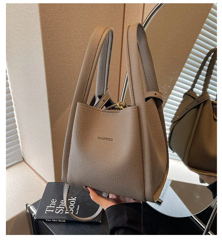 Women's Brown Leather Bucket Bag Shoulder Bag Casual Trendy — feature 3