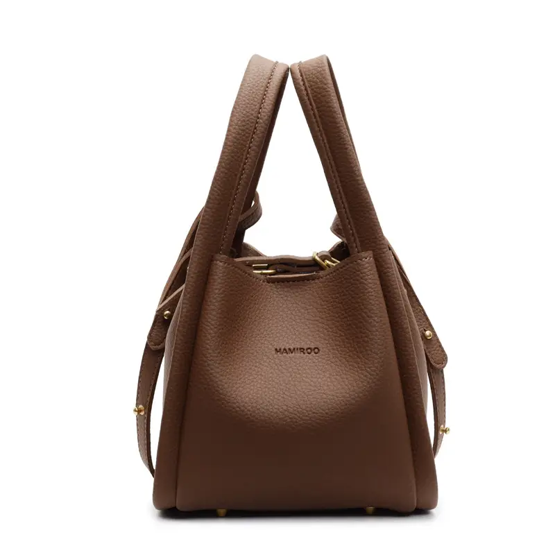 Women's Brown Leather Bucket Bag Shoulder Bag Casual Trendy - Image 2