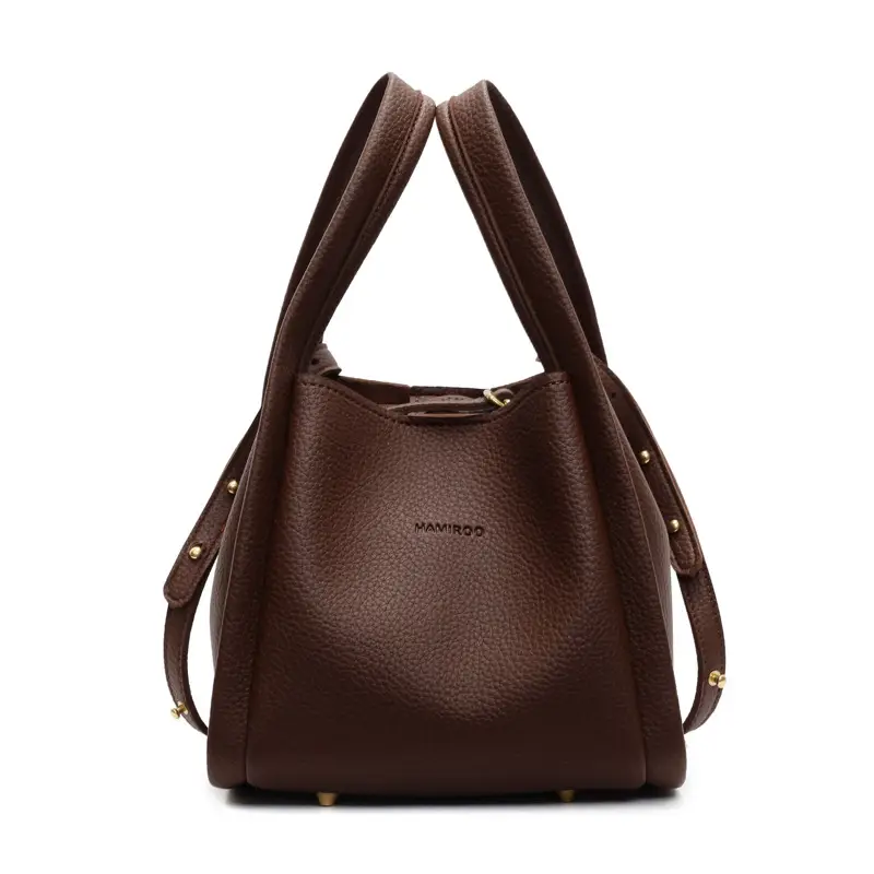 Women's Brown Leather Bucket Bag Shoulder Bag Casual Trendy - Image 4
