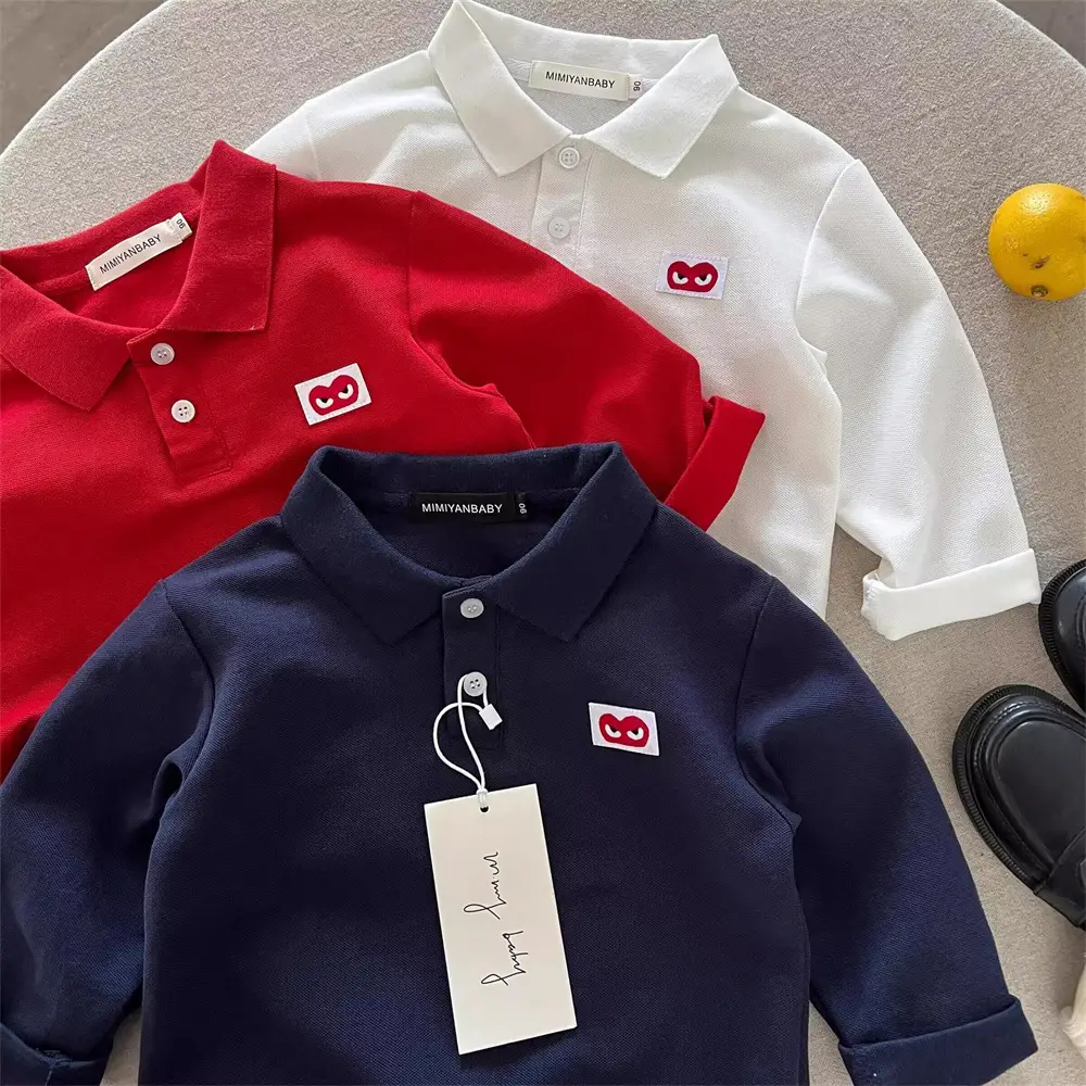 Children's Long Sleeve Polo T-Shirt with Heart Embroidery