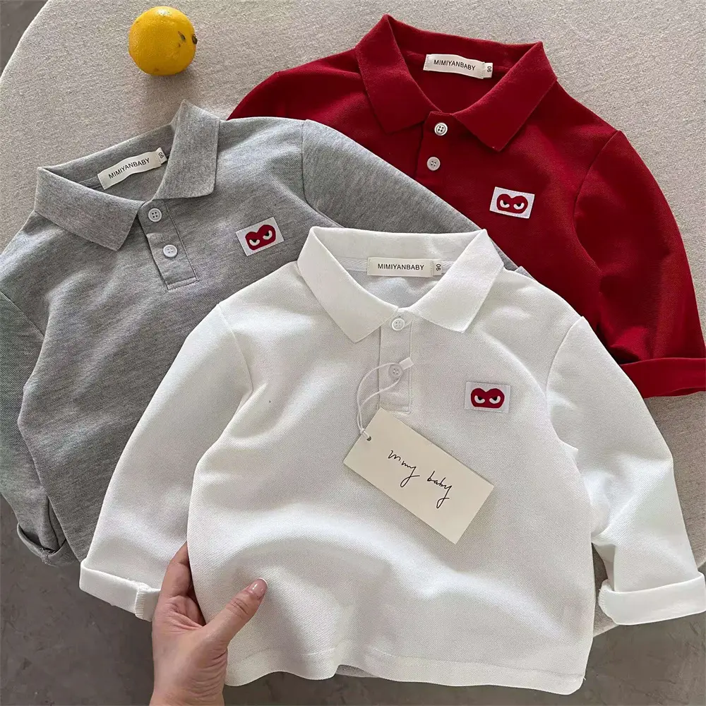 Children's Long Sleeve Polo T-Shirt with Heart Embroidery