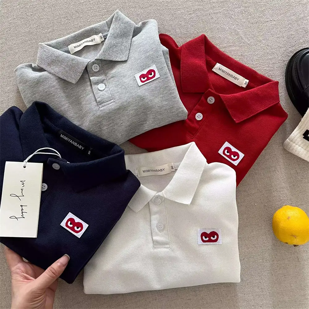 Children's Long Sleeve Polo T-Shirt with Heart Embroidery