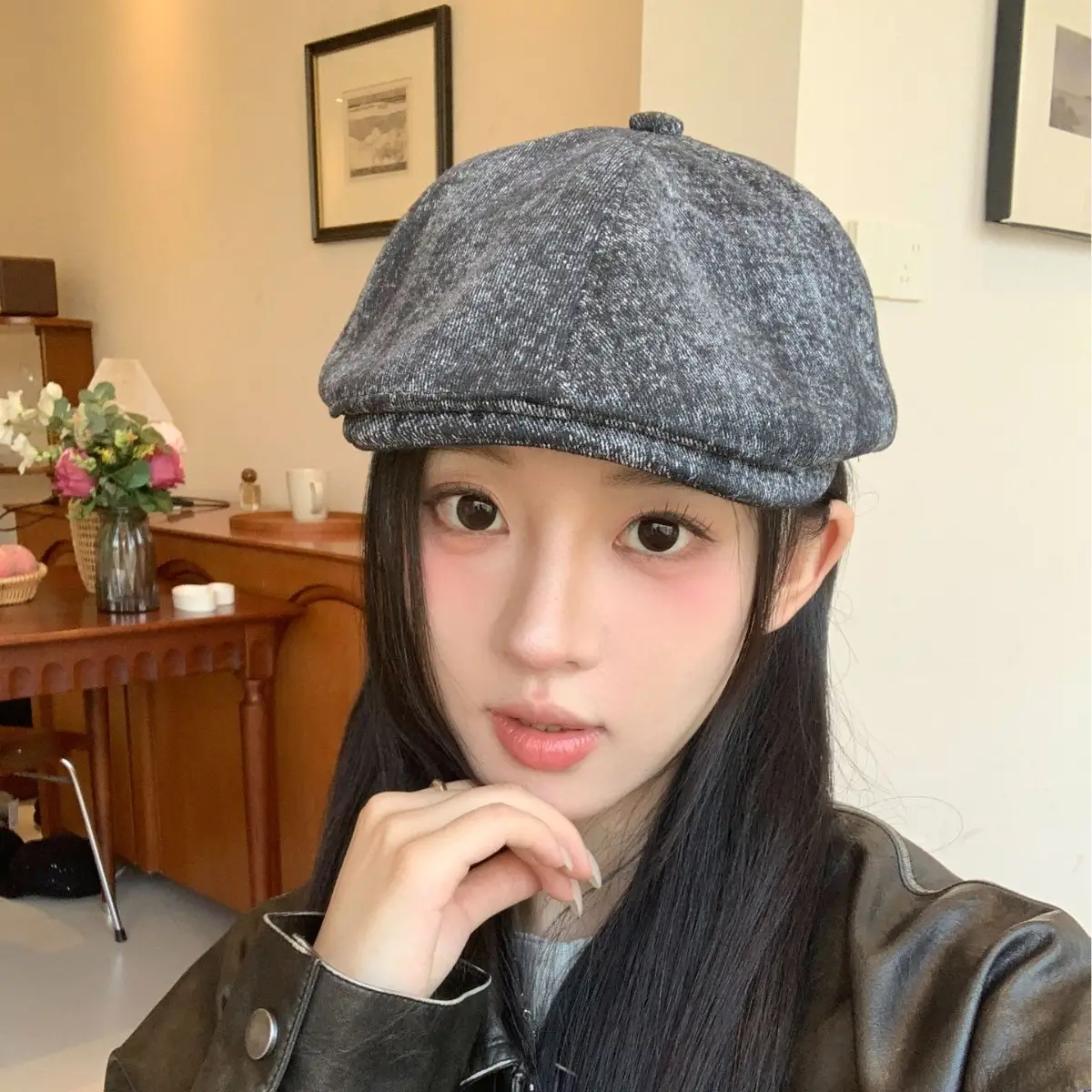 Women Blue Wool Flat Cap Autumn Wear