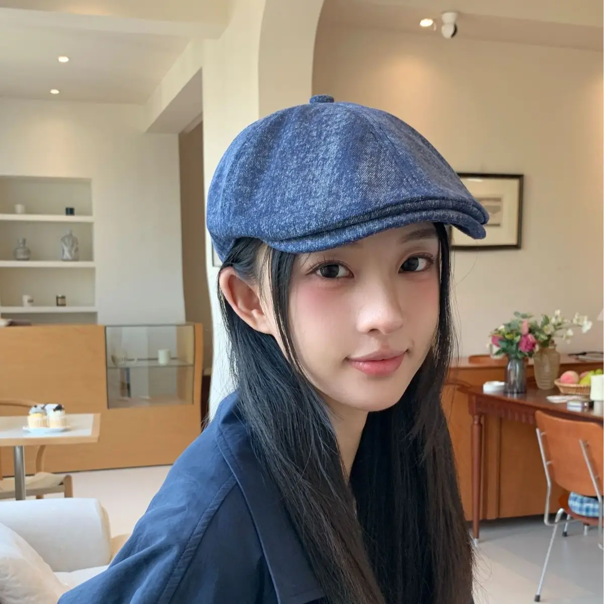 Women Blue Wool Flat Cap Autumn Wear
