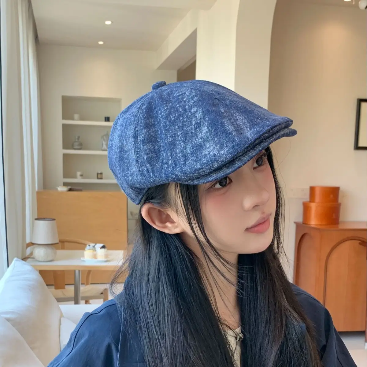 Women Blue Wool Flat Cap Autumn Wear