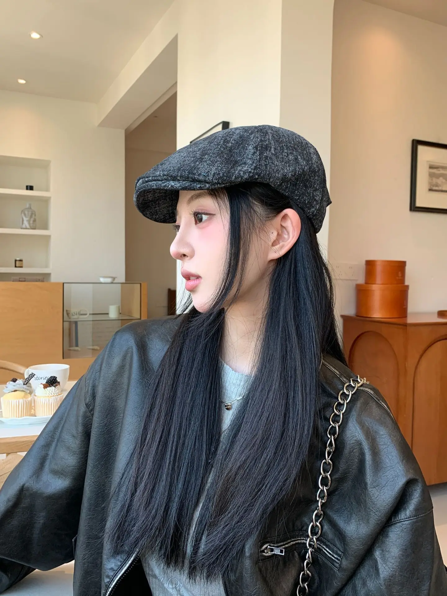 Women Blue Wool Flat Cap Autumn Wear — feature 1