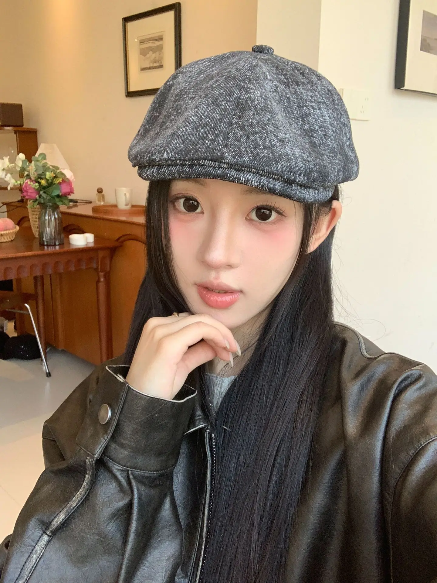 Women Blue Wool Flat Cap Autumn Wear — feature 2