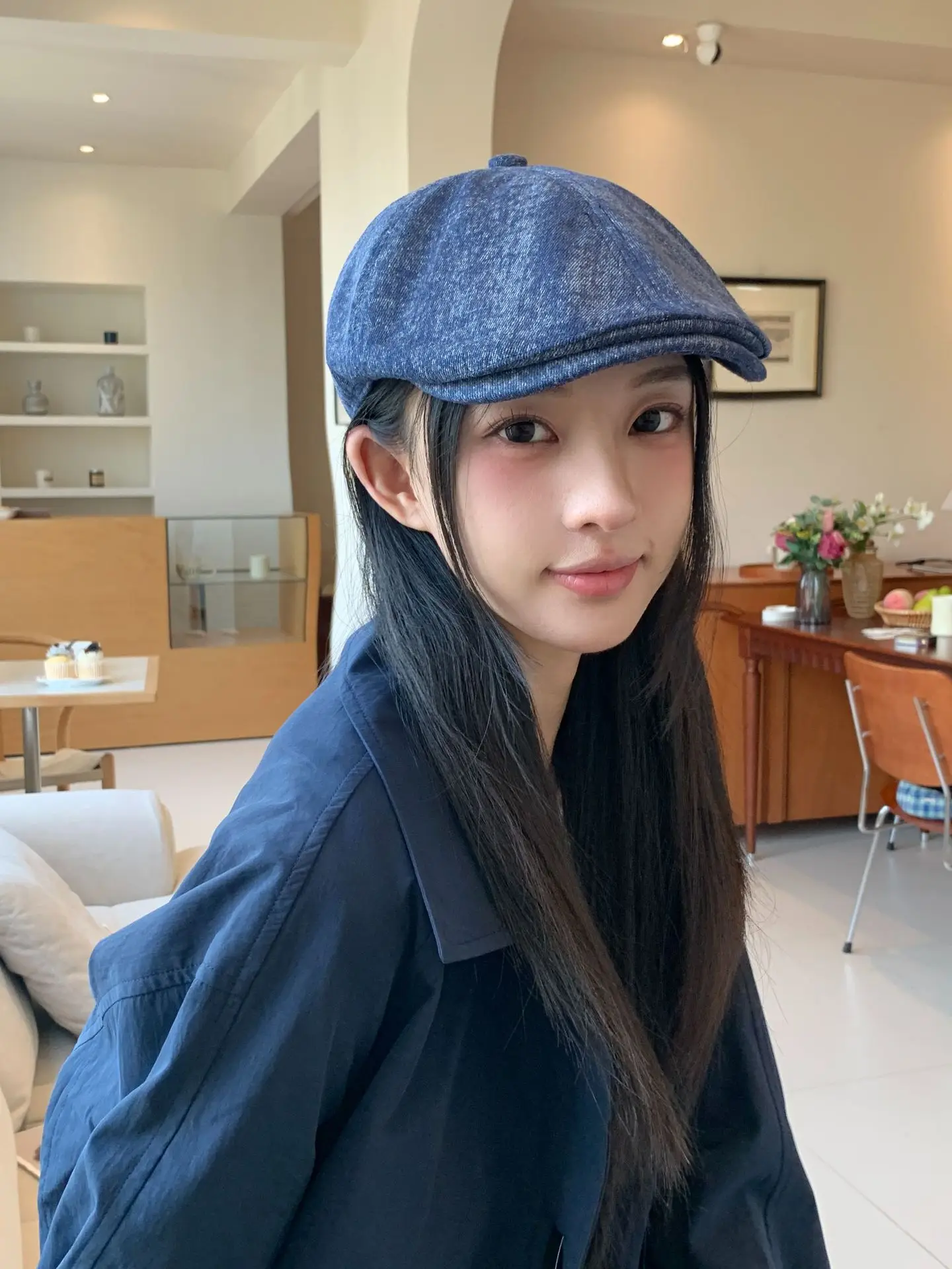 Women Blue Wool Flat Cap Autumn Wear — feature 4