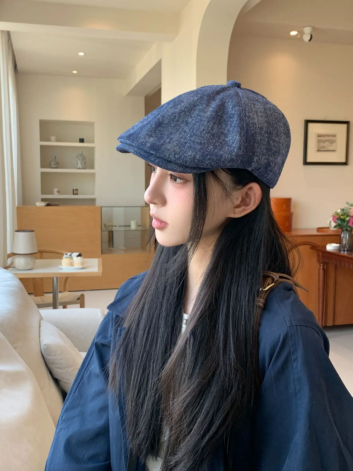 Women Blue Wool Flat Cap Autumn Wear — feature 5