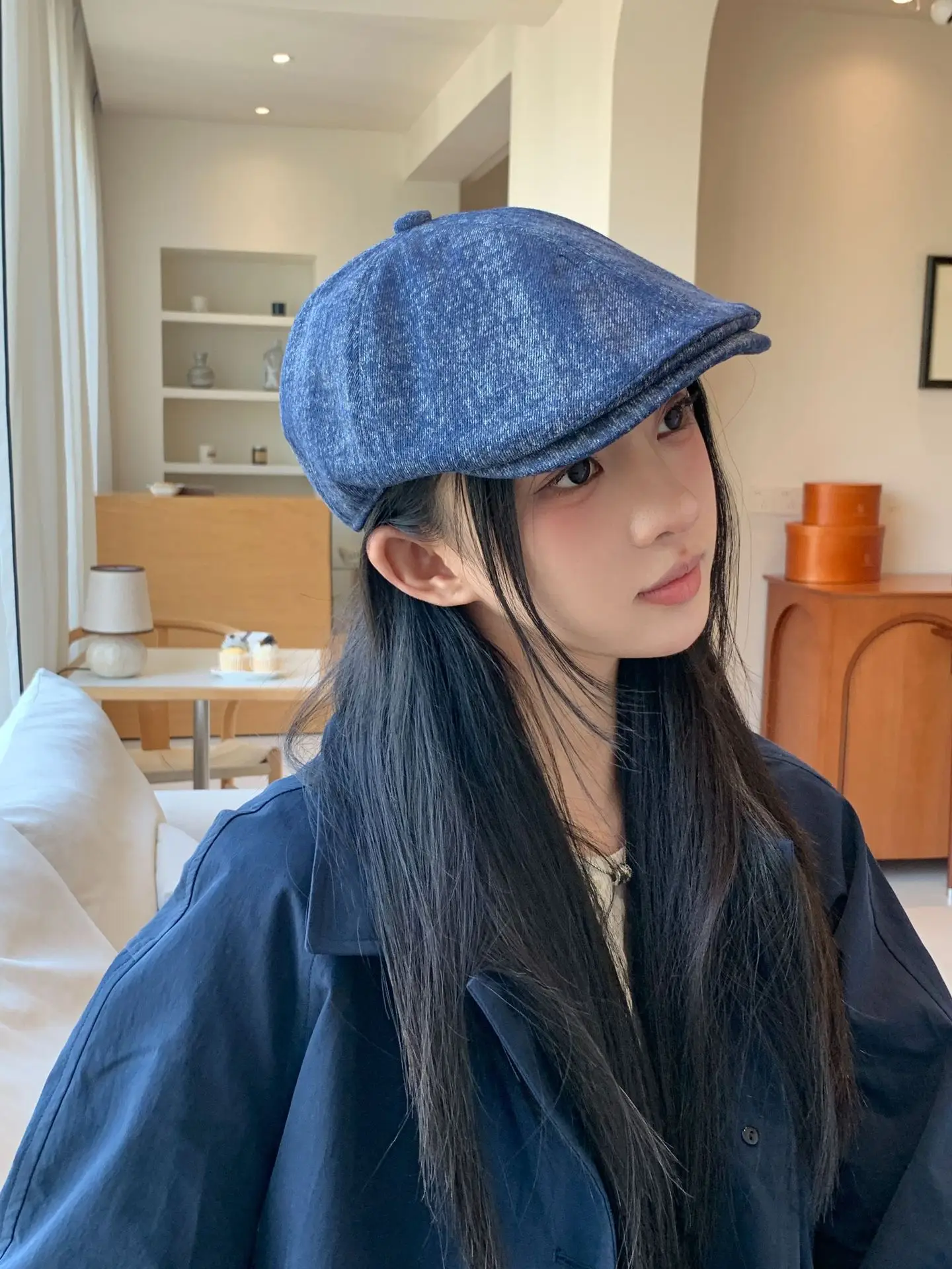 Women Blue Wool Flat Cap Autumn Wear