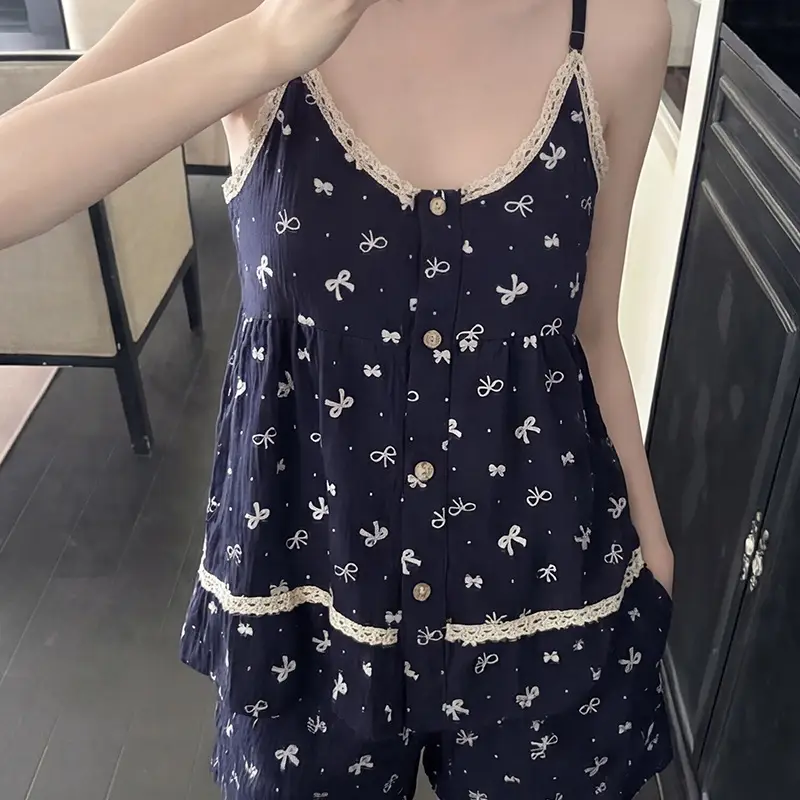 New Style Cloud Cotton Three-Piece Suspender Pajamas for Women, Summer Set with Chest Pads, Sweet and Cute Ladies' Home Wear, Dropshipping