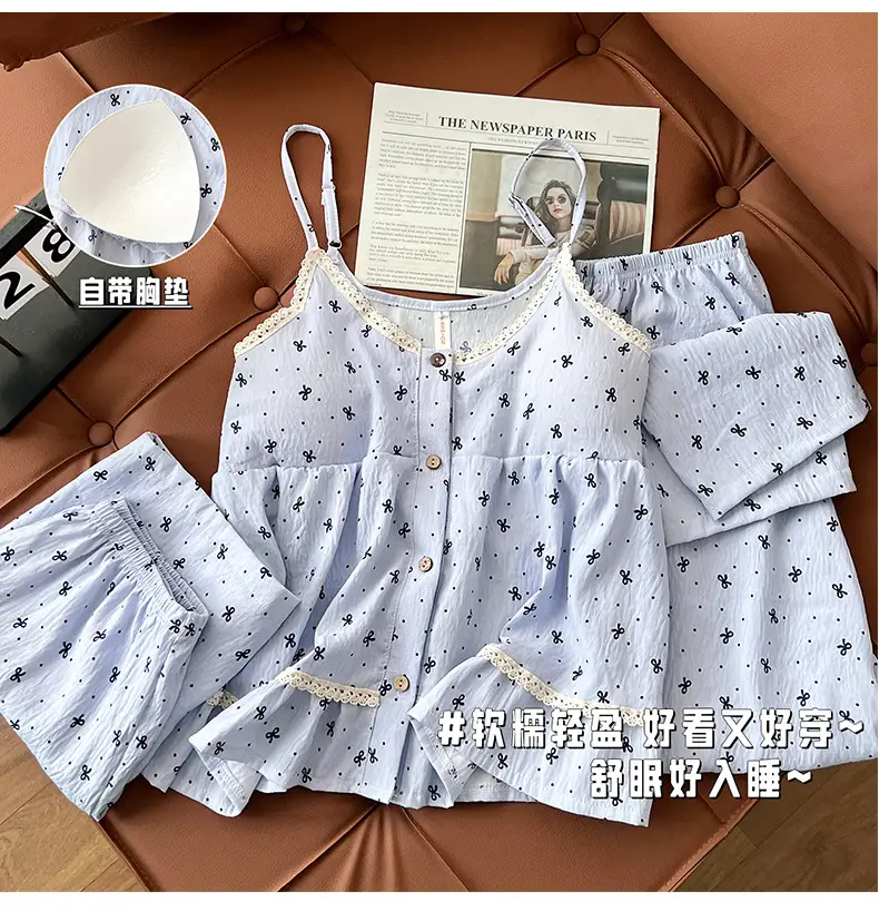 New Style Cloud Cotton Three-Piece Suspender Pajamas for Women, Summer Set with Chest Pads, Sweet and Cute Ladies' Home Wear, Dropshipping — feature 3