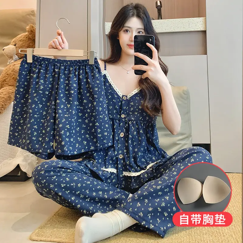 New Style Cloud Cotton Three-Piece Suspender Pajamas for Women, Summer Set with Chest Pads, Sweet and Cute Ladies' Home Wear, Dropshipping
