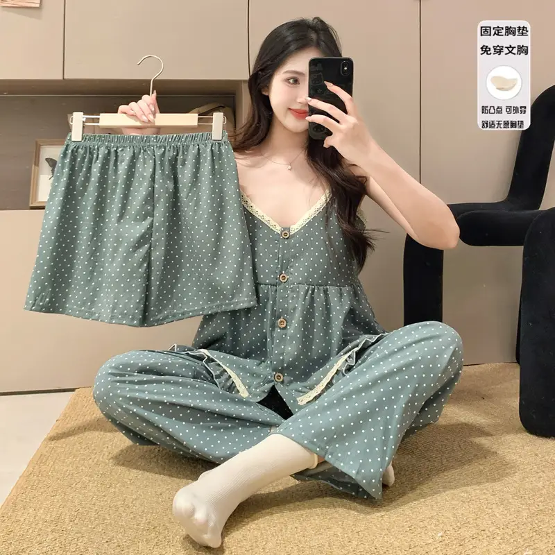 New Style Cloud Cotton Three-Piece Suspender Pajamas for Women, Summer Set with Chest Pads, Sweet and Cute Ladies' Home Wear, Dropshipping