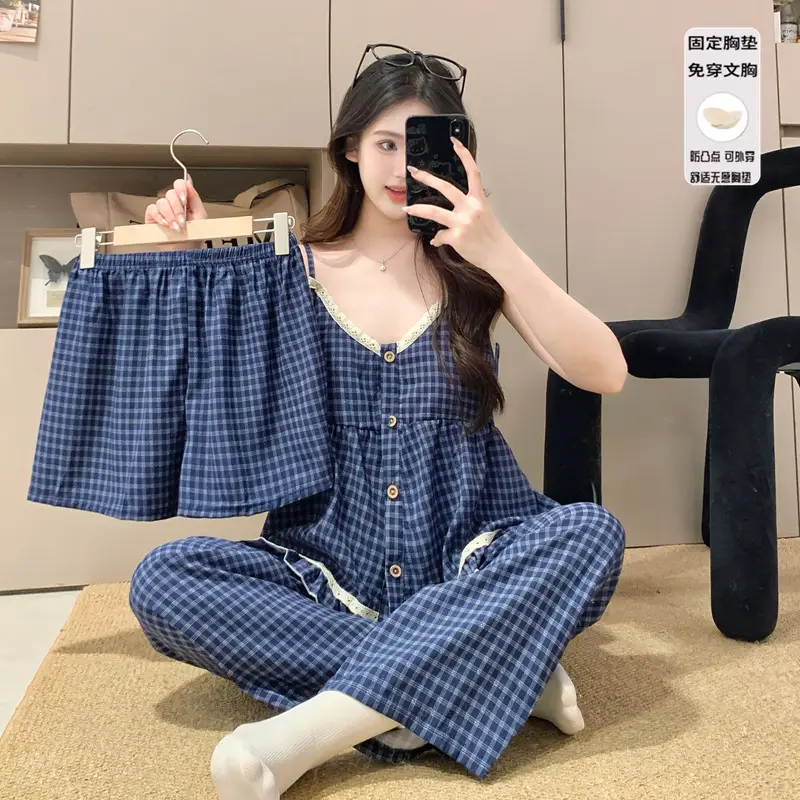 New Style Cloud Cotton Three-Piece Suspender Pajamas for Women, Summer Set with Chest Pads, Sweet and Cute Ladies' Home Wear, Dropshipping