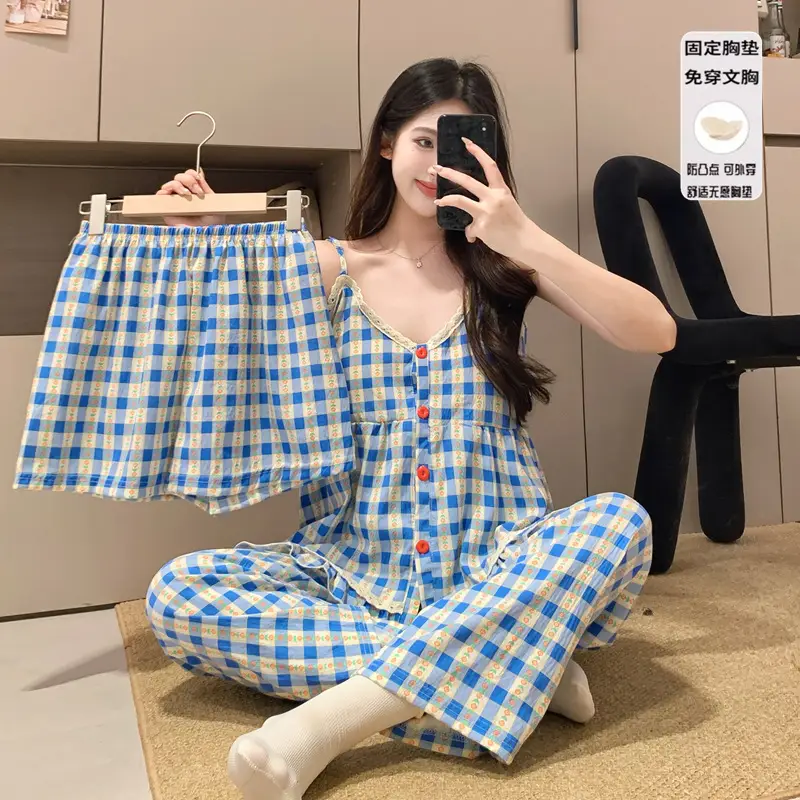 New Style Cloud Cotton Three-Piece Suspender Pajamas for Women, Summer Set with Chest Pads, Sweet and Cute Ladies' Home Wear, Dropshipping