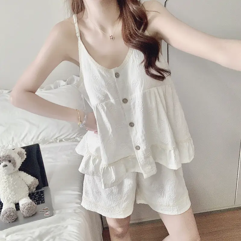 New Style Cloud Cotton Three-Piece Suspender Pajamas for Women, Summer Set with Chest Pads, Sweet and Cute Ladies' Home Wear, Dropshipping