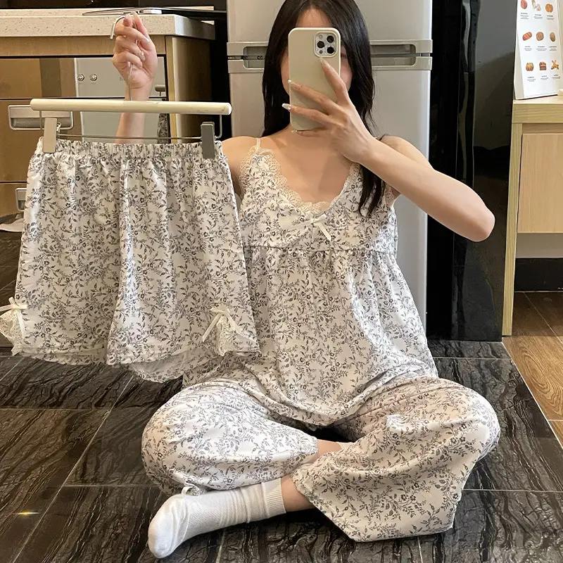 New Style Cloud Cotton Three-Piece Suspender Pajamas for Women, Summer Set with Chest Pads, Sweet and Cute Ladies' Home Wear, Dropshipping