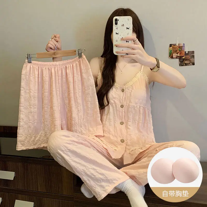 New Style Cloud Cotton Three-Piece Suspender Pajamas for Women, Summer Set with Chest Pads, Sweet and Cute Ladies' Home Wear, Dropshipping