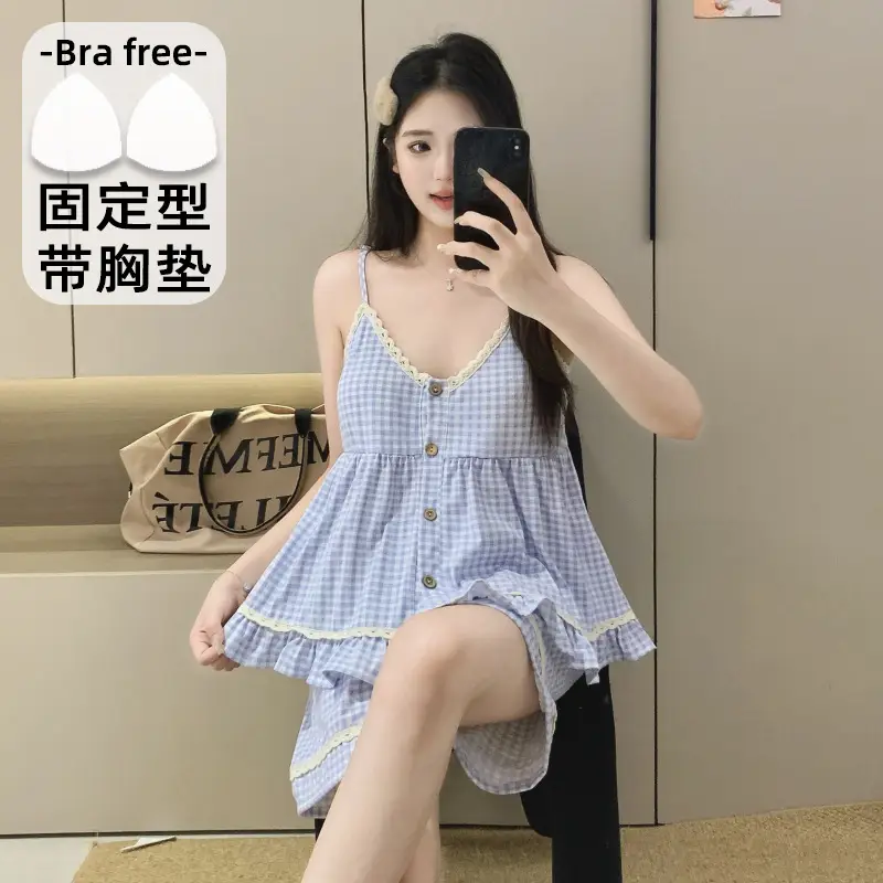 New Style Cloud Cotton Three-Piece Suspender Pajamas for Women, Summer Set with Chest Pads, Sweet and Cute Ladies' Home Wear, Dropshipping