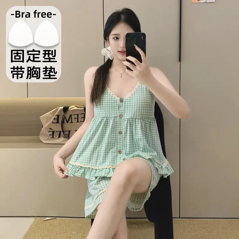 New Style Cloud Cotton Three-Piece Suspender Pajamas for Women, Summer Set with Chest Pads, Sweet and Cute Ladies' Home Wear, Dropshipping