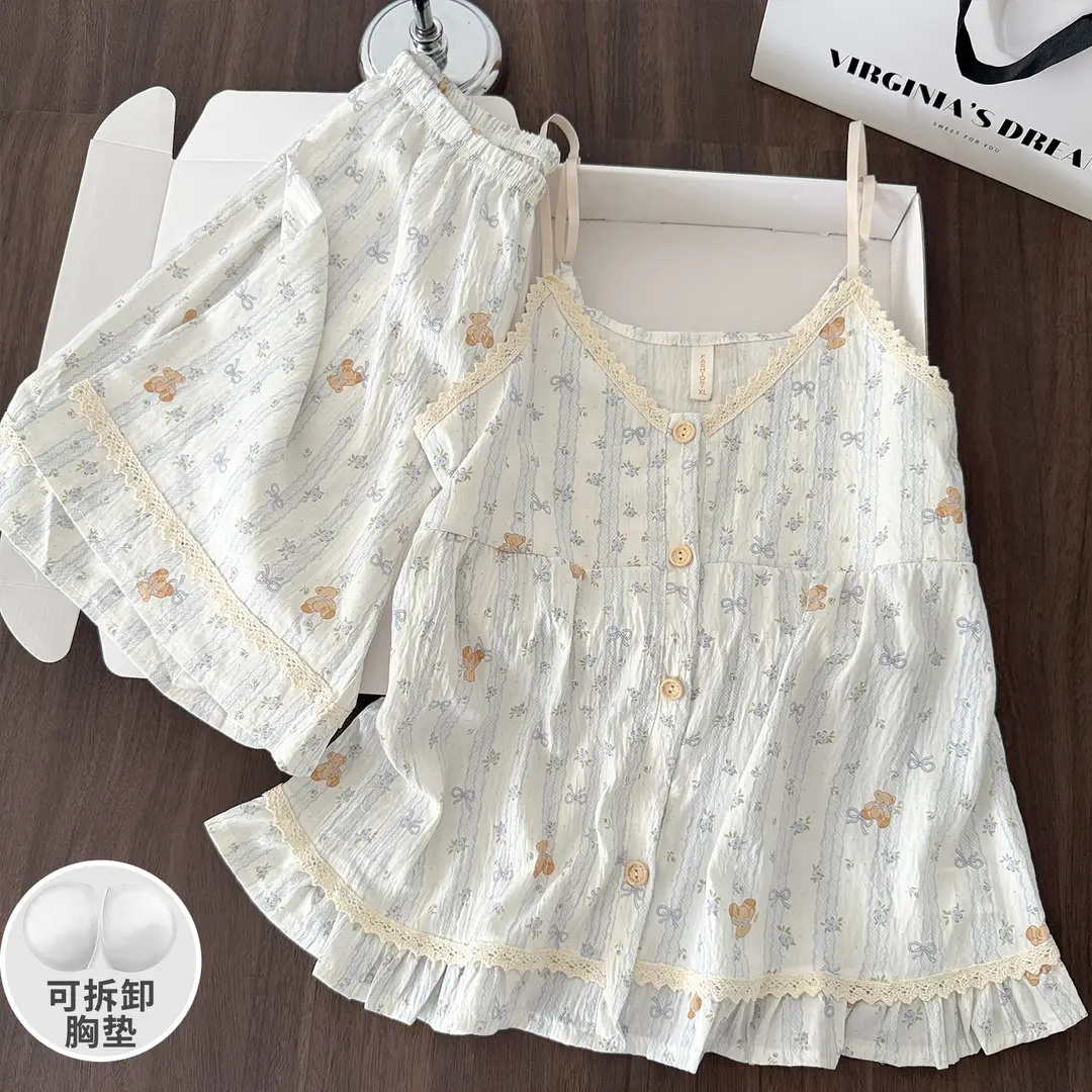 New Style Cloud Cotton Three-Piece Suspender Pajamas for Women, Summer Set with Chest Pads, Sweet and Cute Ladies' Home Wear, Dropshipping