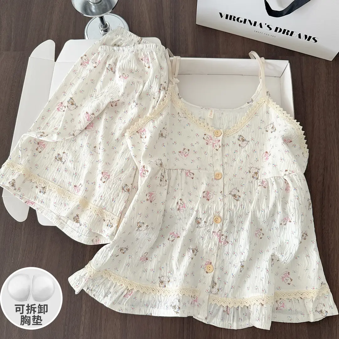 New Style Cloud Cotton Three-Piece Suspender Pajamas for Women, Summer Set with Chest Pads, Sweet and Cute Ladies' Home Wear, Dropshipping
