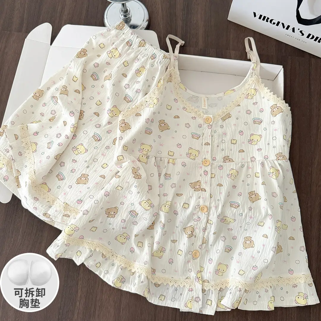 New Style Cloud Cotton Three-Piece Suspender Pajamas for Women, Summer Set with Chest Pads, Sweet and Cute Ladies' Home Wear, Dropshipping