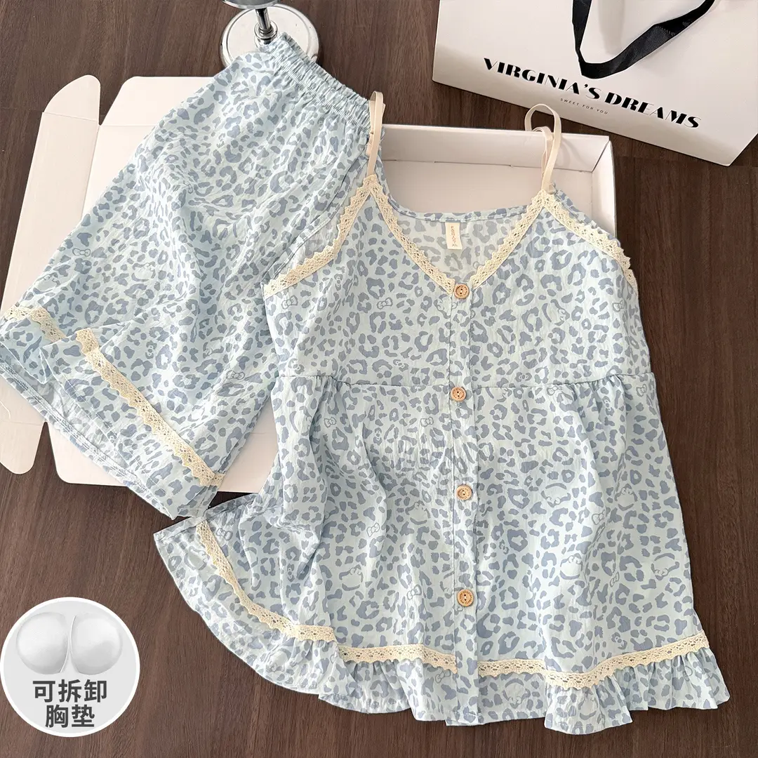 New Style Cloud Cotton Three-Piece Suspender Pajamas for Women, Summer Set with Chest Pads, Sweet and Cute Ladies' Home Wear, Dropshipping