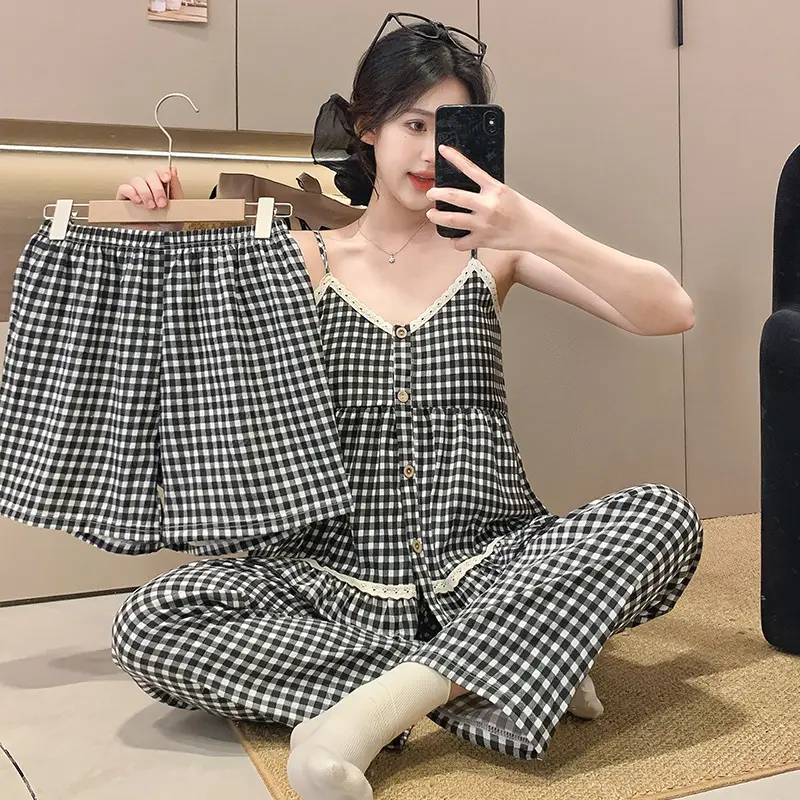 New Style Cloud Cotton Three-Piece Suspender Pajamas for Women, Summer Set with Chest Pads, Sweet and Cute Ladies' Home Wear, Dropshipping