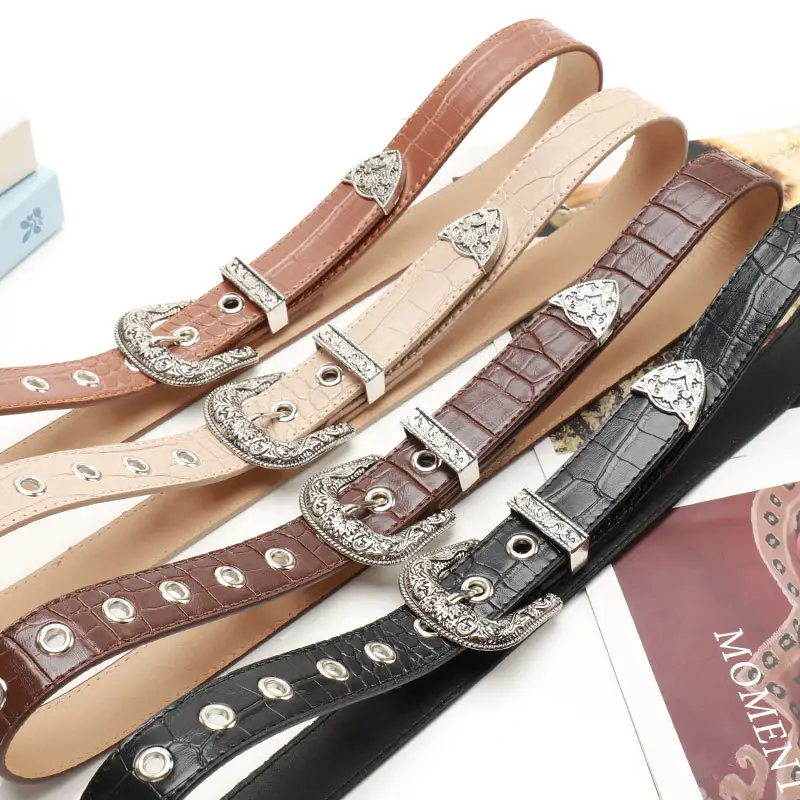 Women's Cross-Border Carved Belt with Stone Buckle Beige