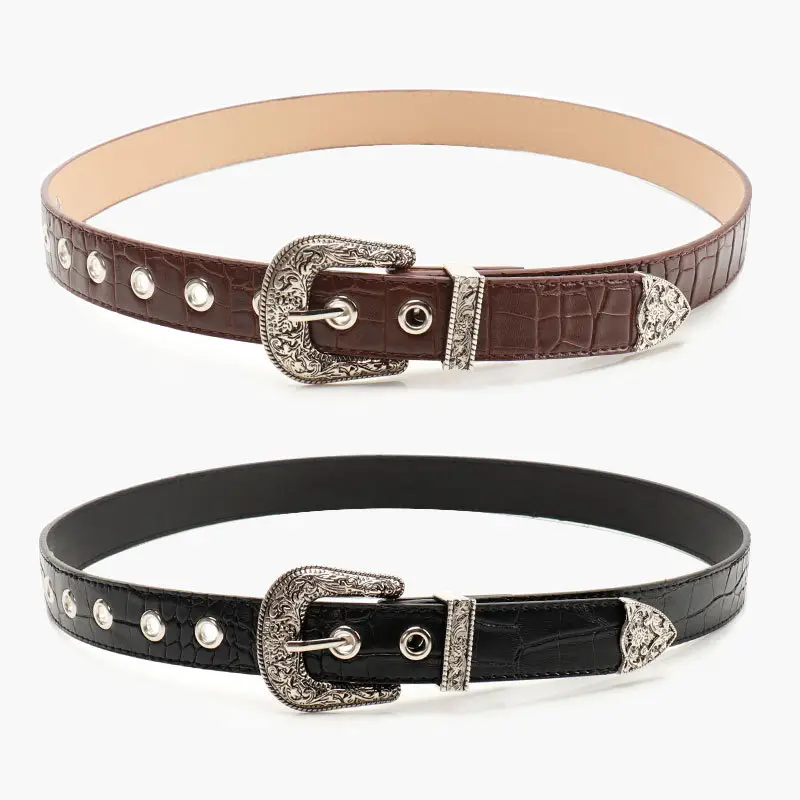 Women's Cross-Border Carved Belt with Stone Buckle Beige