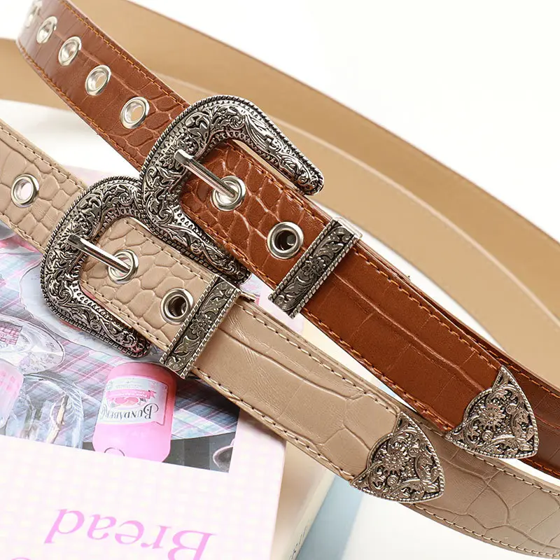 Women's Cross-Border Carved Belt with Stone Buckle Beige