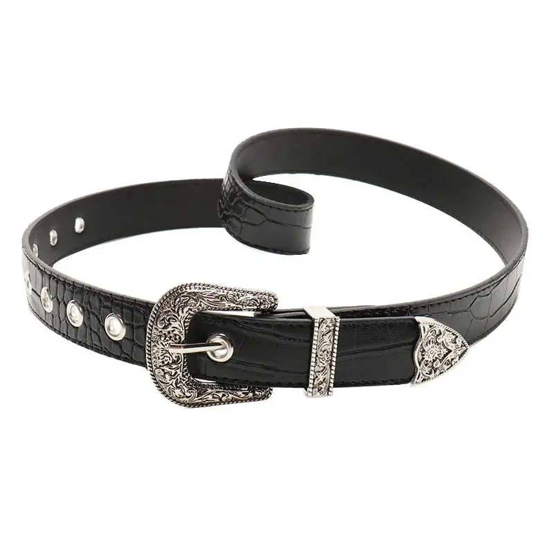 Women's Cross-Border Carved Belt with Stone Buckle Beige