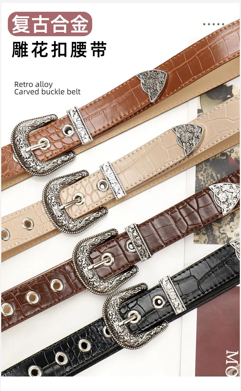 Women's Cross-Border Carved Belt with Stone Buckle Beige — feature 20